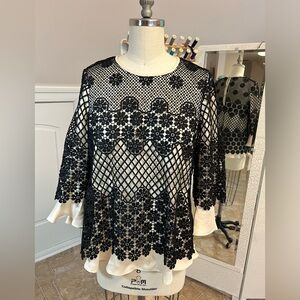 Lace is in! Max&Co silk blouse with lace layover.